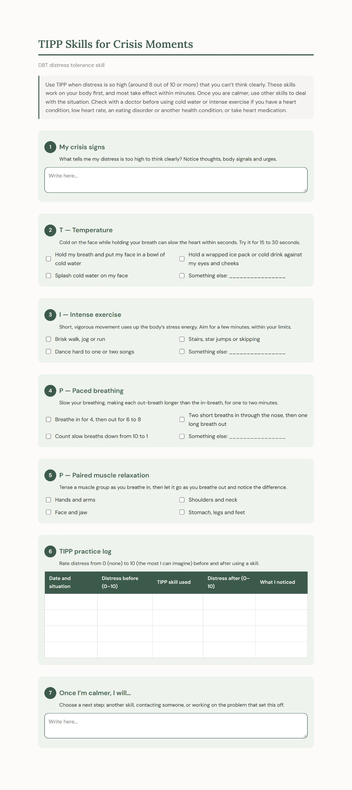 Preview of a DBT TIPP skills worksheet with checklists for temperature, intense exercise, paced breathing and paired muscle relaxation, and a practice log.
